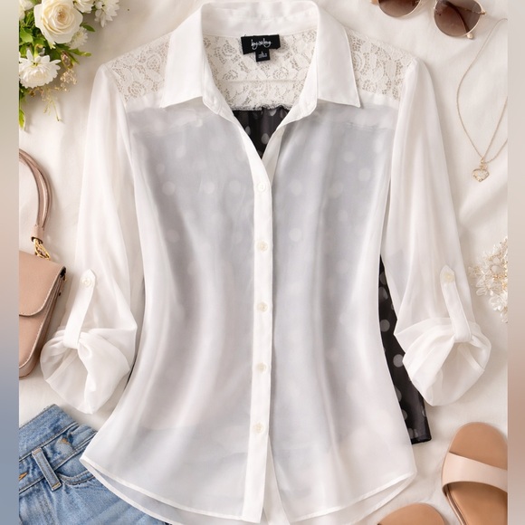 by & by Tops - Sheer White Blouse Lace Yoke Polka Dot Back Button Front Roll Sleeve Top Women L